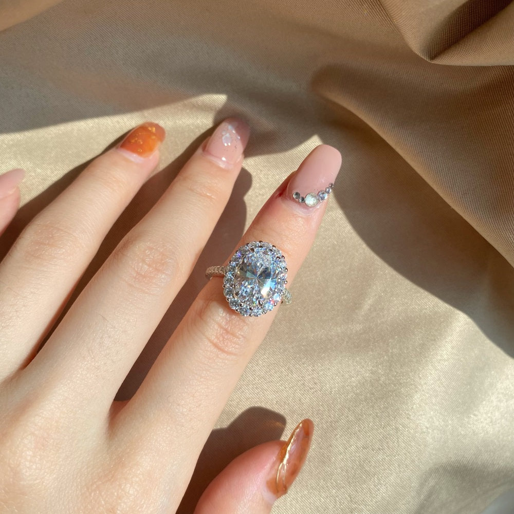Silver Zircon Oval Cut Iced Wrapped Halo Ring
