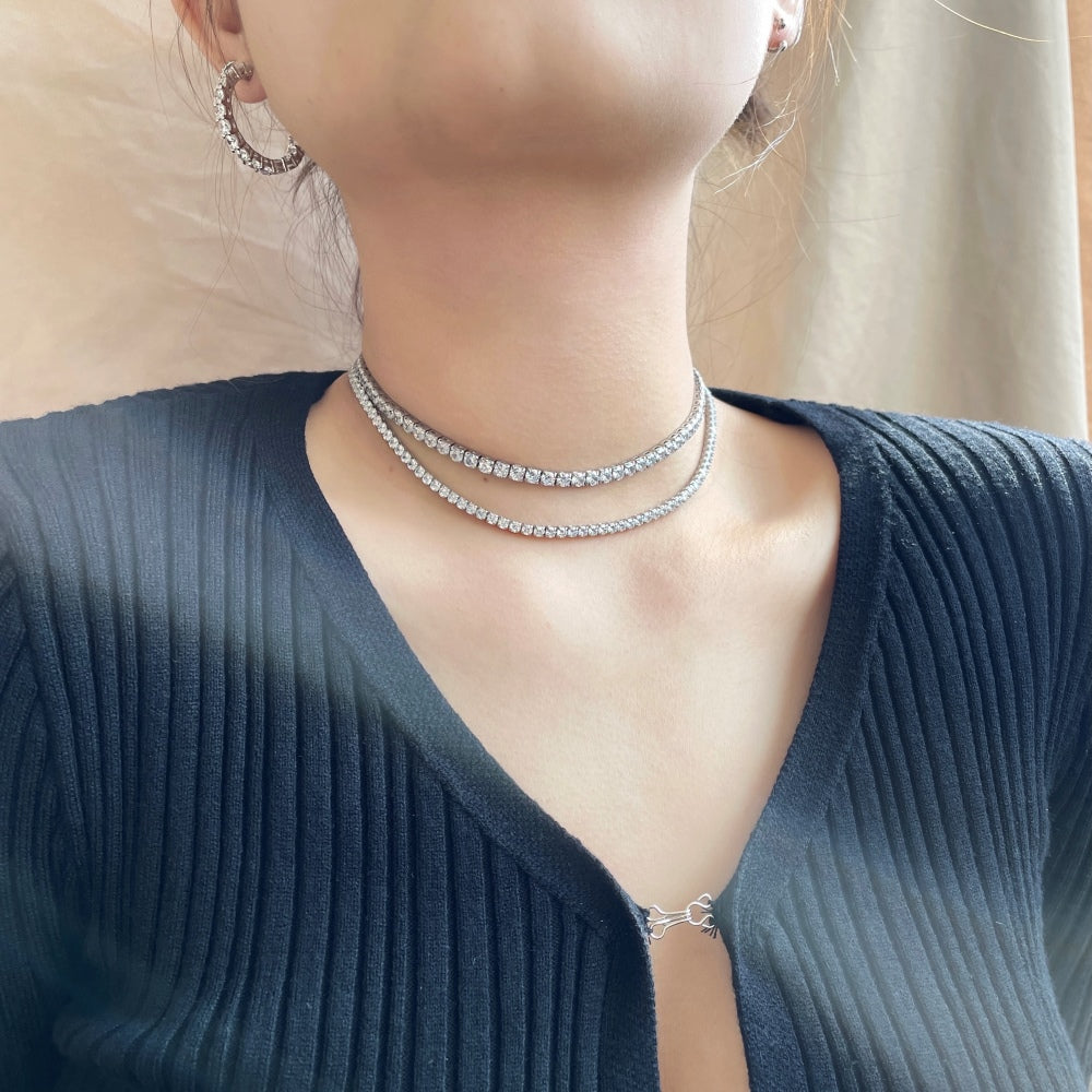 Silver Zircon Round Cut Inlaid Layered Tennis Necklace