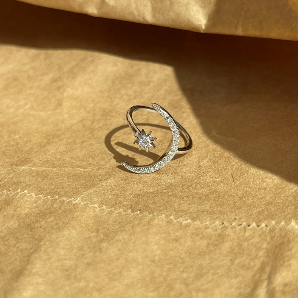 Silver Zircon Round Cut Open Crescent Bypass Ring