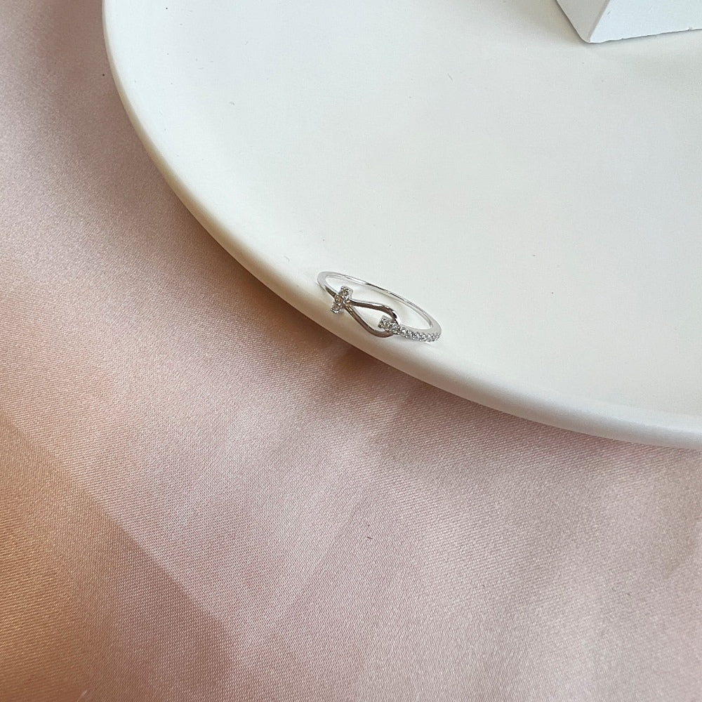 Silver Zircon Round Cut Wrapped Hook Dainty Ring