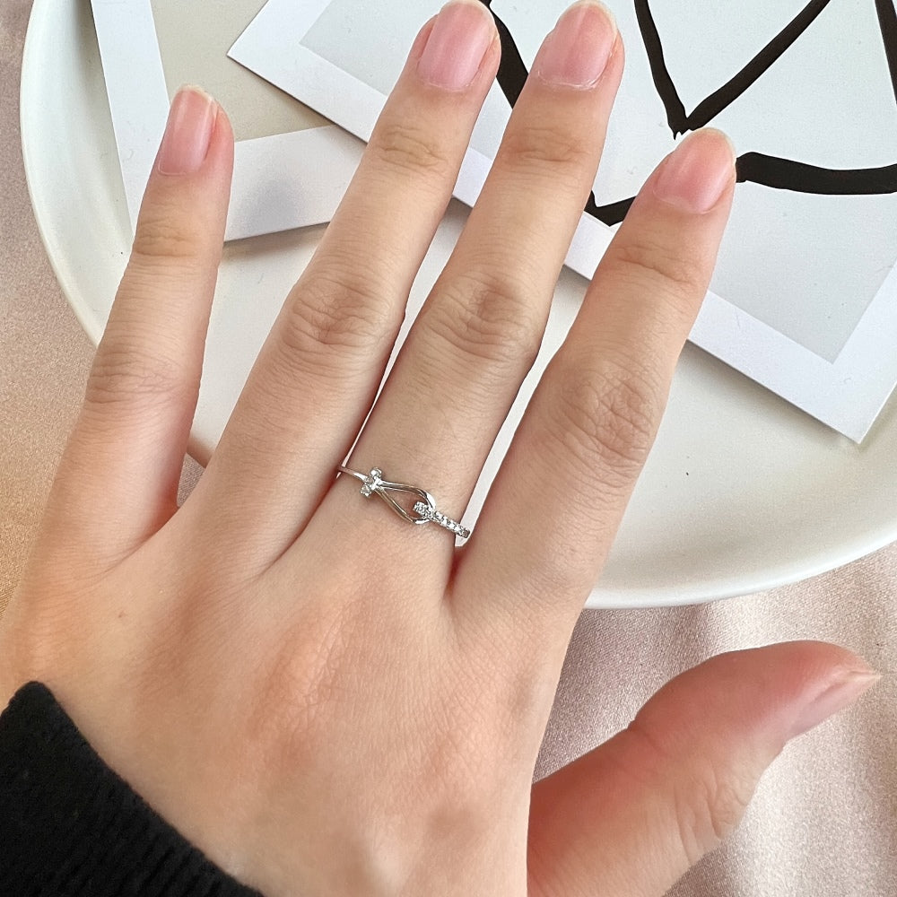 Silver Zircon Round Cut Wrapped Hook Dainty Ring