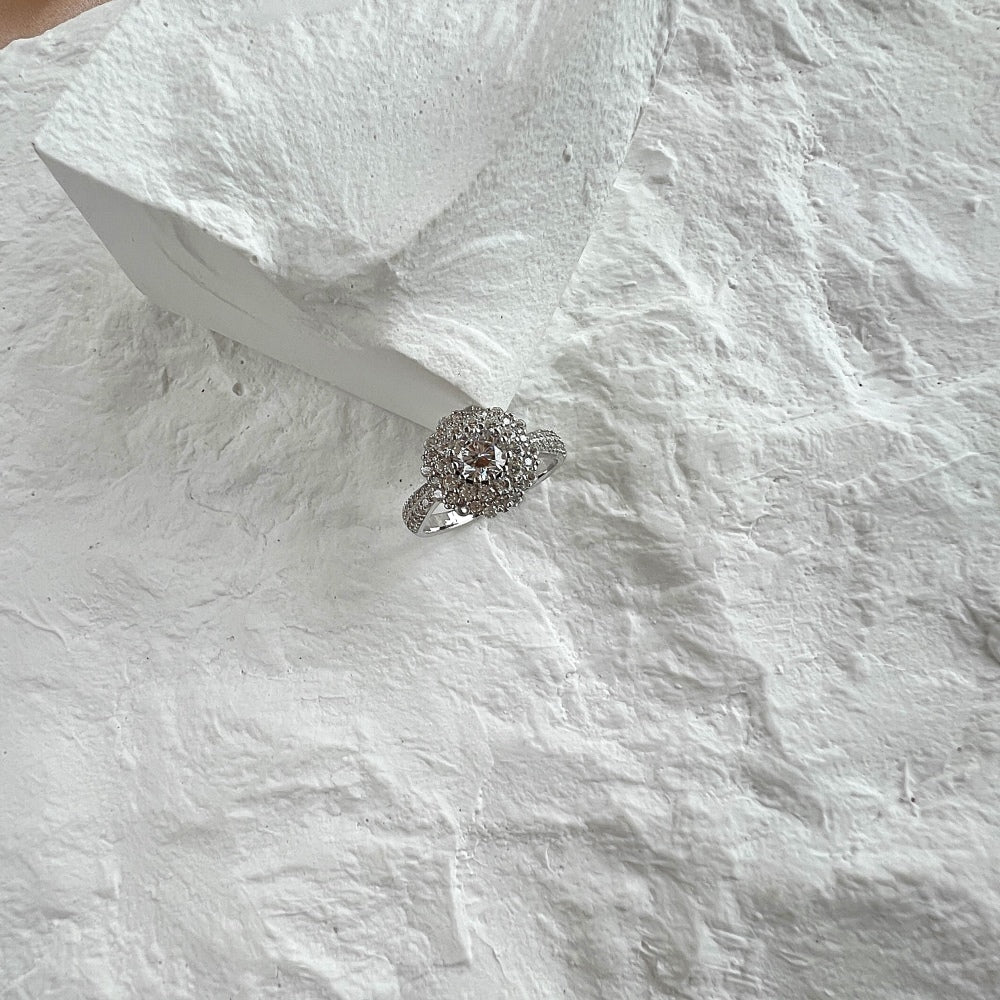 Silver Zircon Round Cut Iced Flower Halo Ring