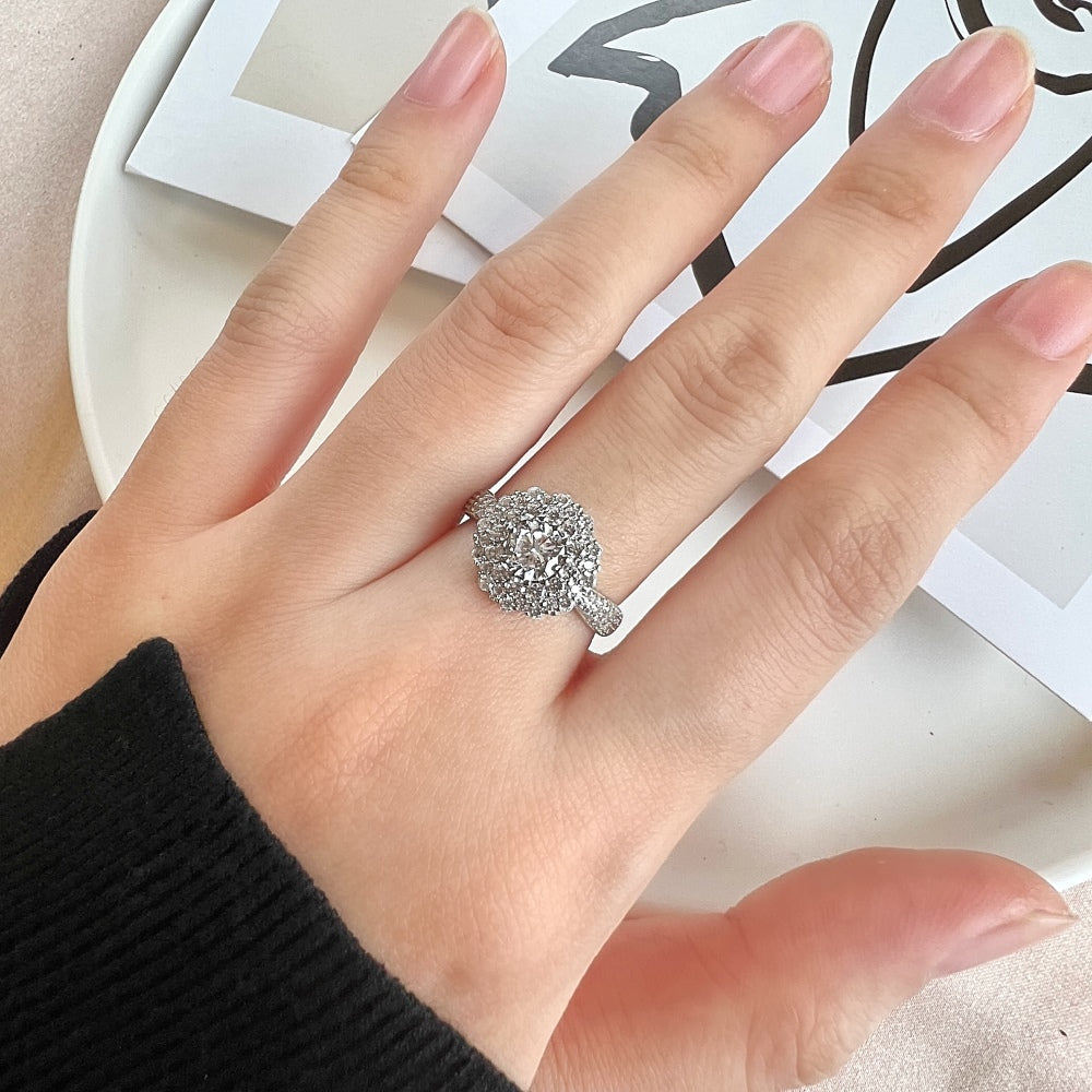 Silver Zircon Round Cut Iced Flower Halo Ring