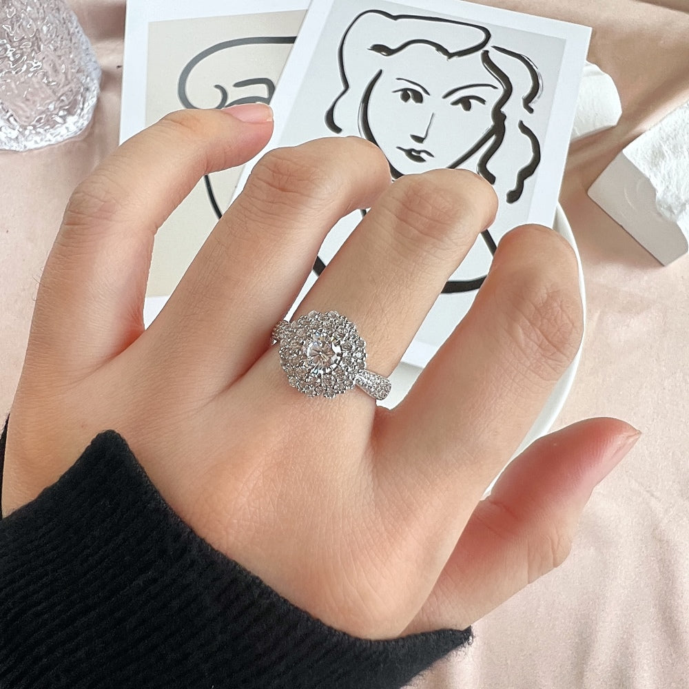 Silver Zircon Round Cut Iced Flower Halo Ring