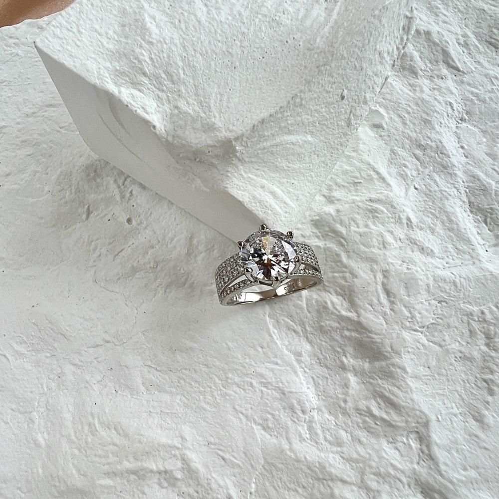 Silver Zircon Round Cut Multi Layer Iced Flower Solitaire Ring