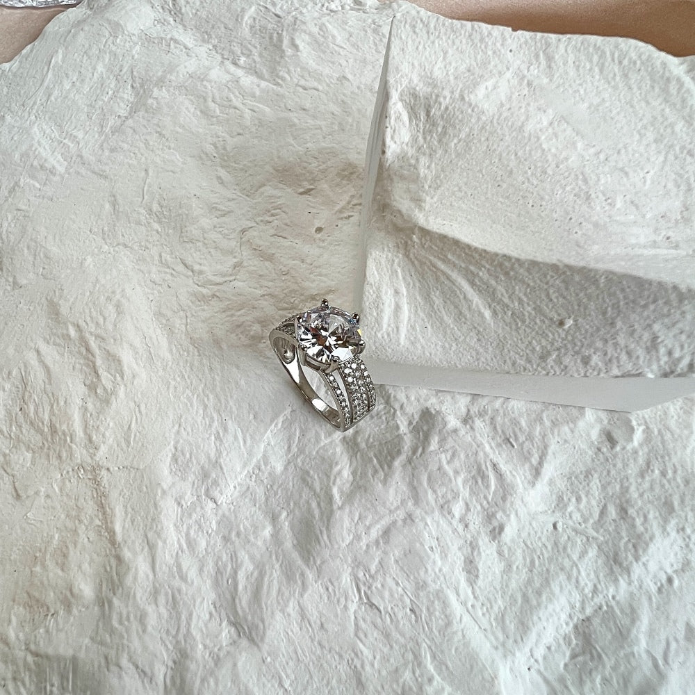 Silver Zircon Round Cut Multi Layer Iced Flower Solitaire Ring