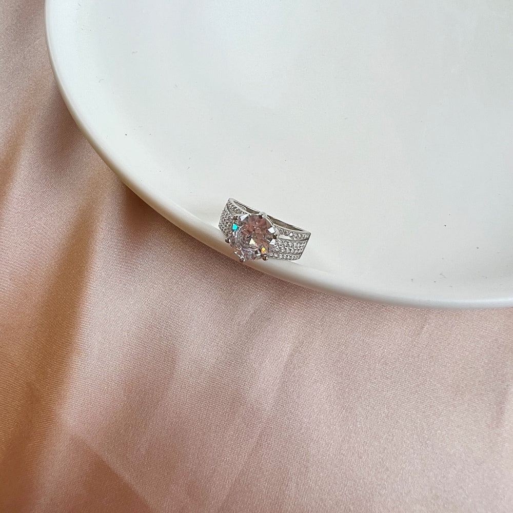 Silver Zircon Round Cut Multi Layer Iced Flower Solitaire Ring