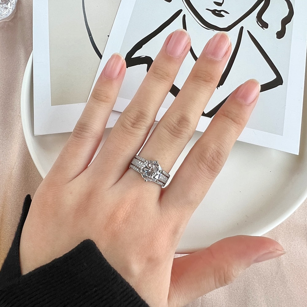 Silver Zircon Round Cut Multi Layer Iced Flower Solitaire Ring