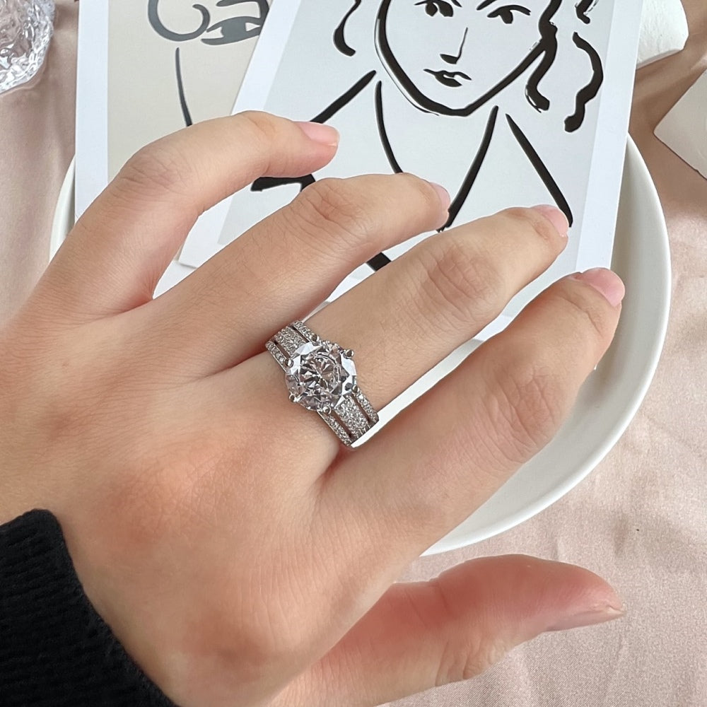 Silver Zircon Round Cut Multi Layer Iced Flower Solitaire Ring