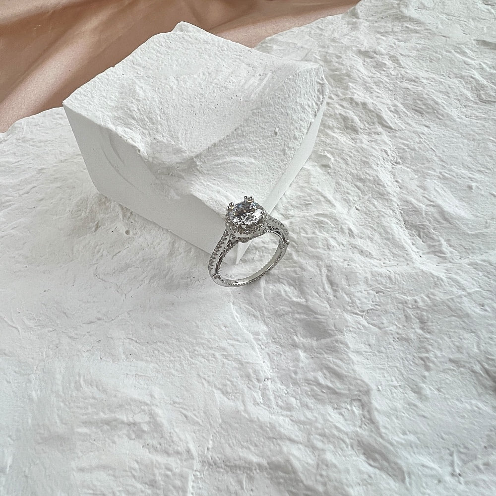 Silver Zircon Round Cut Inner Layered Halo Ring