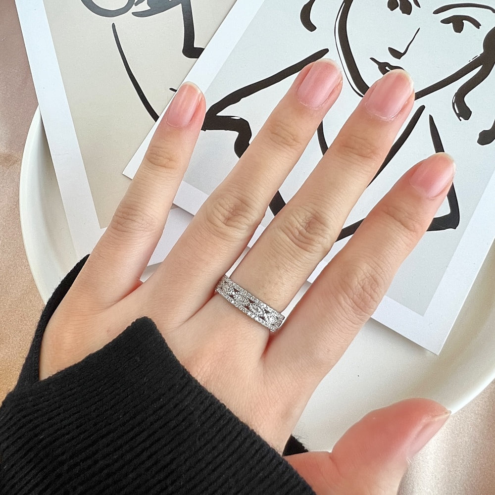 Silver Zircon Round Cut Inlaid Multi Layered Wedding Ring
