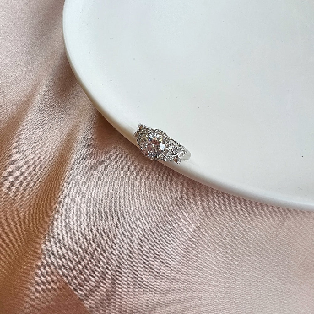 Silver Zircon Round Cut Ice Flower Butterfly Wrapped Halo Ring