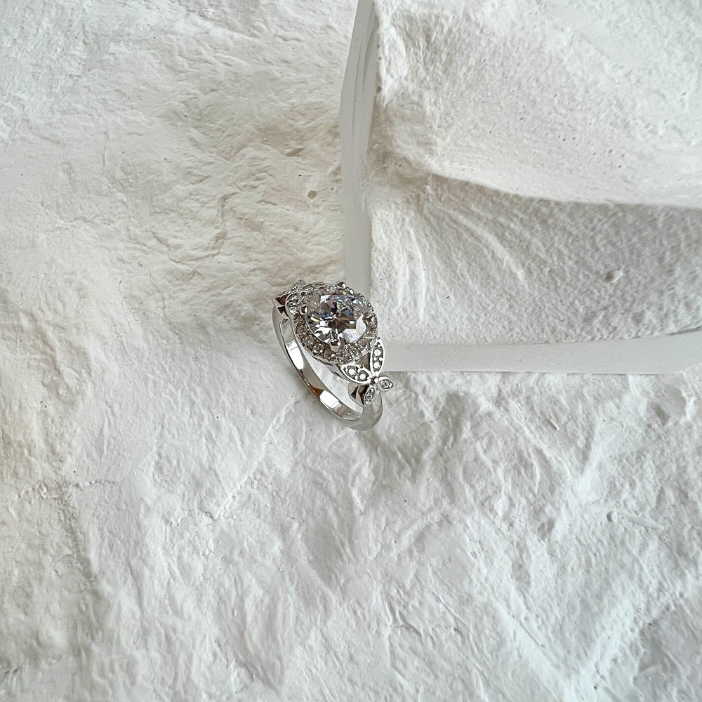 Silver Zircon Round Cut Ice Flower Butterfly Wrapped Halo Ring