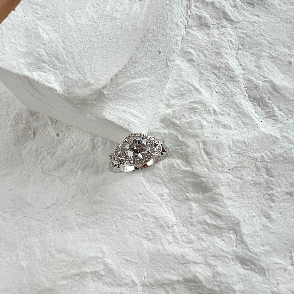 Silver Zircon Round Cut Ice Flower Butterfly Wrapped Halo Ring