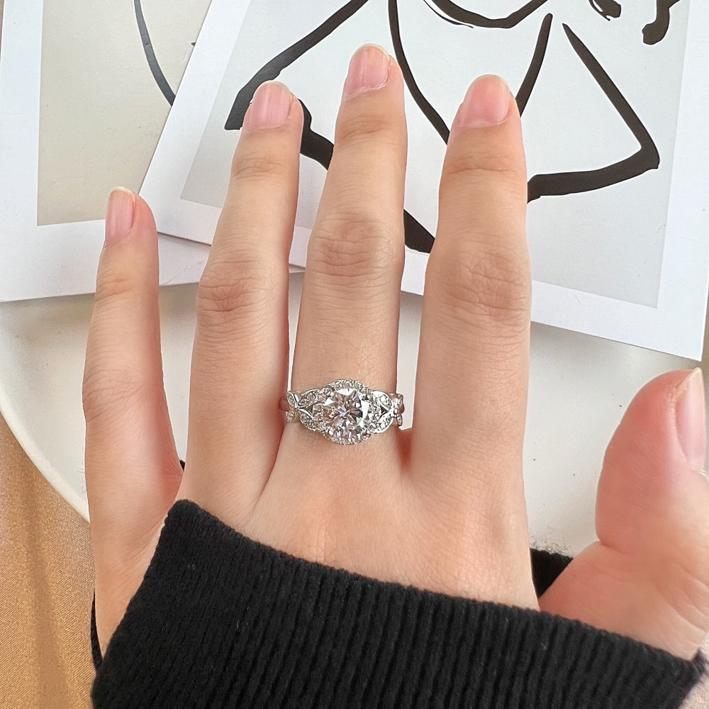 Silver Zircon Round Cut Ice Flower Butterfly Wrapped Halo Ring