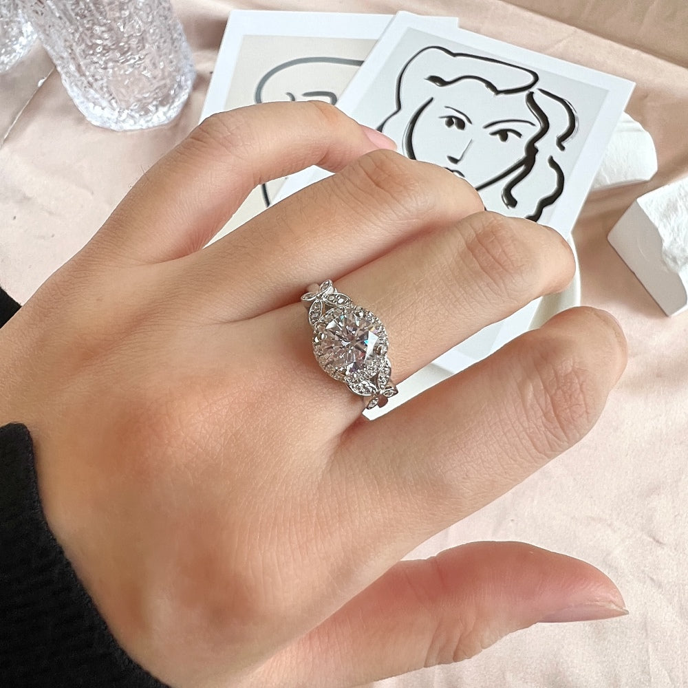 Silver Zircon Round Cut Ice Flower Butterfly Wrapped Halo Ring