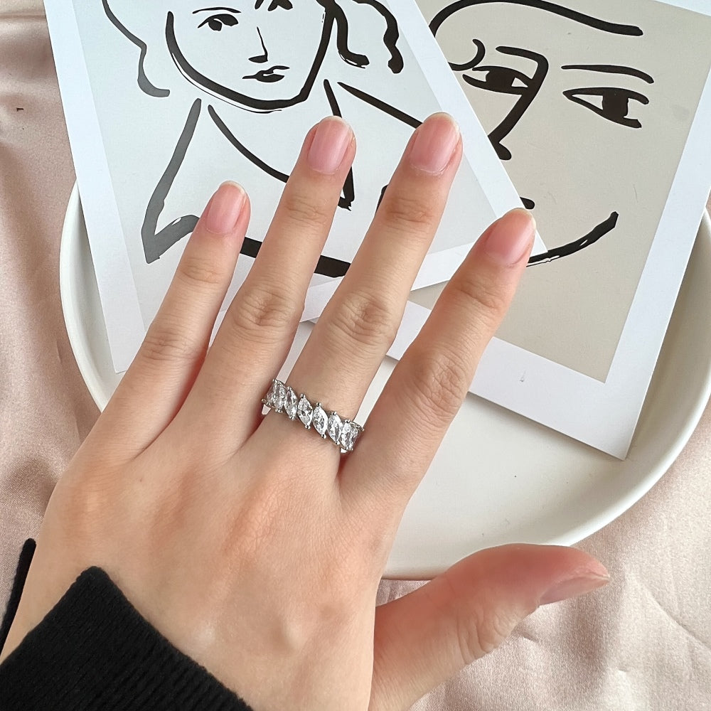 Silver Zircon Marquise Cut Twisted Thin Eternity Ring