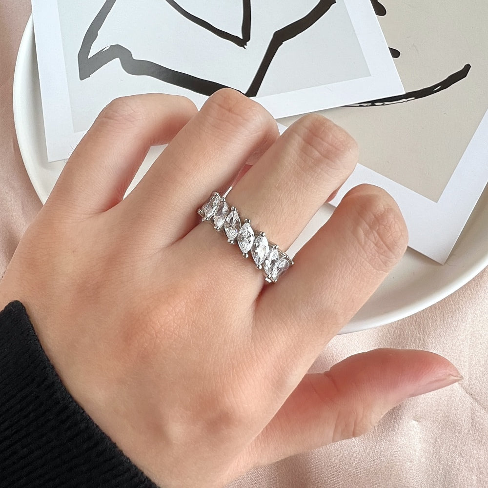 Silver Zircon Marquise Cut Twisted Thin Eternity Ring