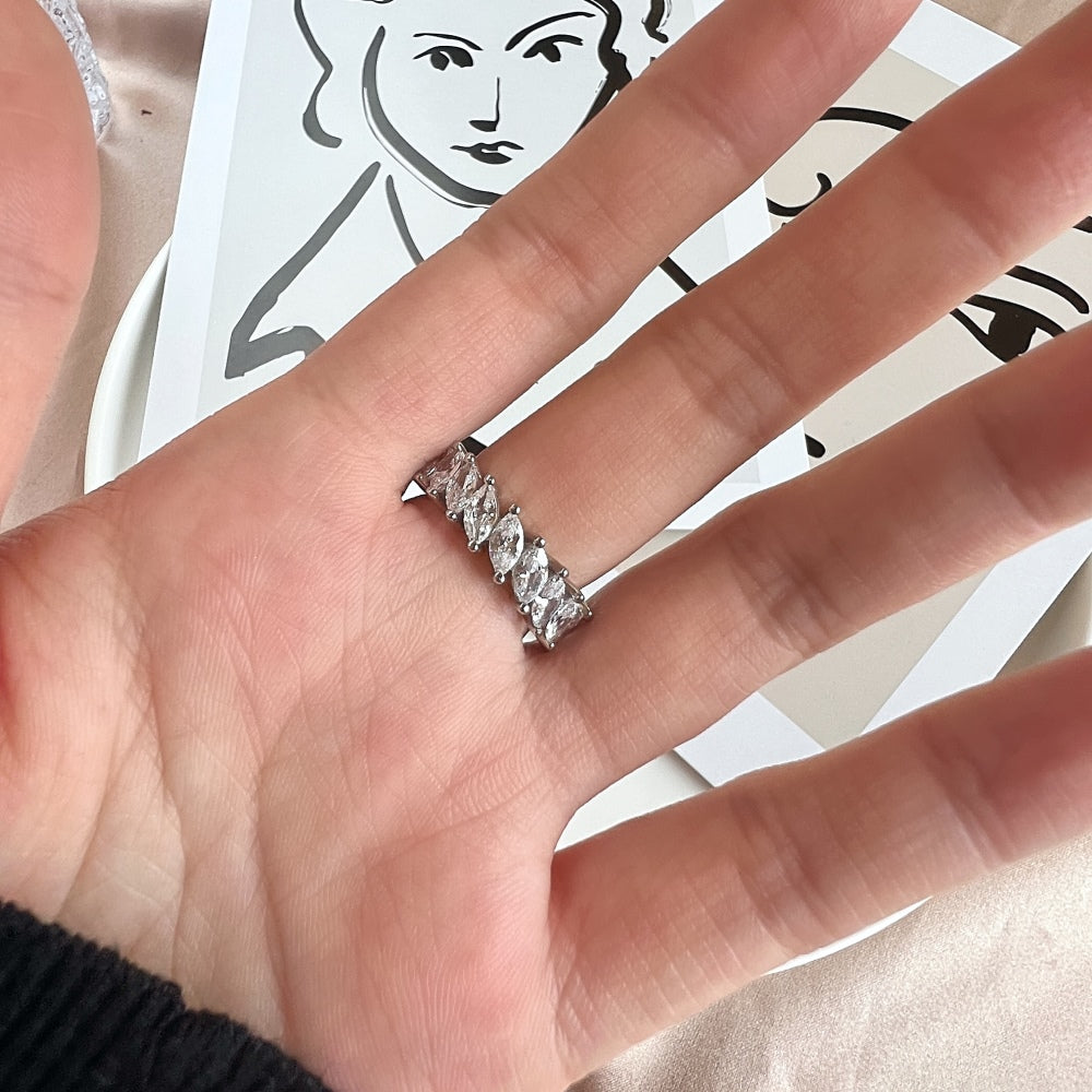 Silver Zircon Marquise Cut Twisted Thin Eternity Ring