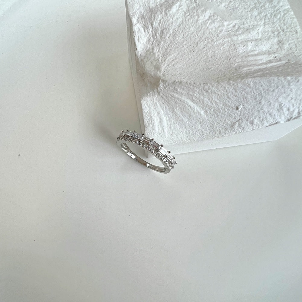 Silver Zircon Baguette Cut Thin Multi Shape Eternity Ring
