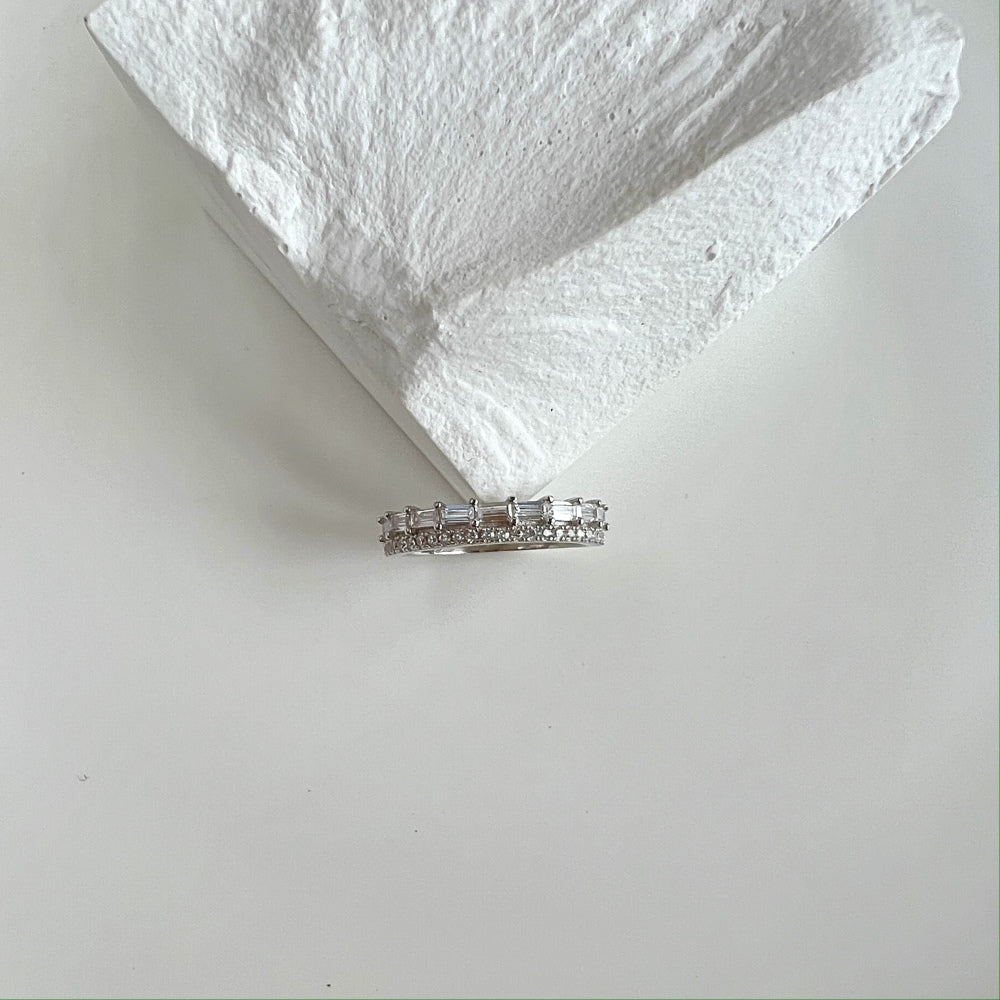 Silver Zircon Baguette Cut Thin Multi Shape Eternity Ring