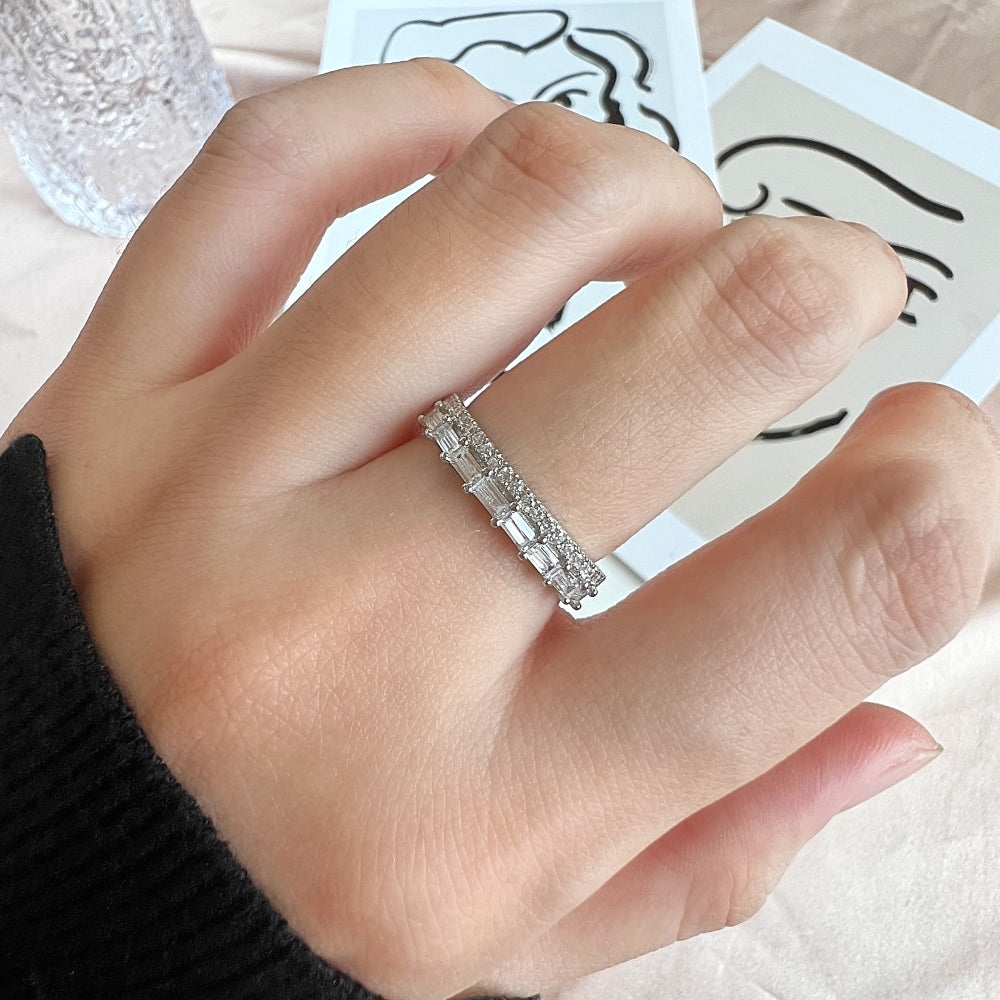 Silver Zircon Baguette Cut Thin Multi Shape Eternity Ring