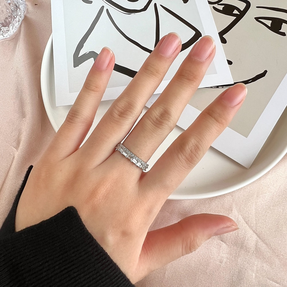 Silver Zircon Baguette Cut Thin Multi Shape Eternity Ring