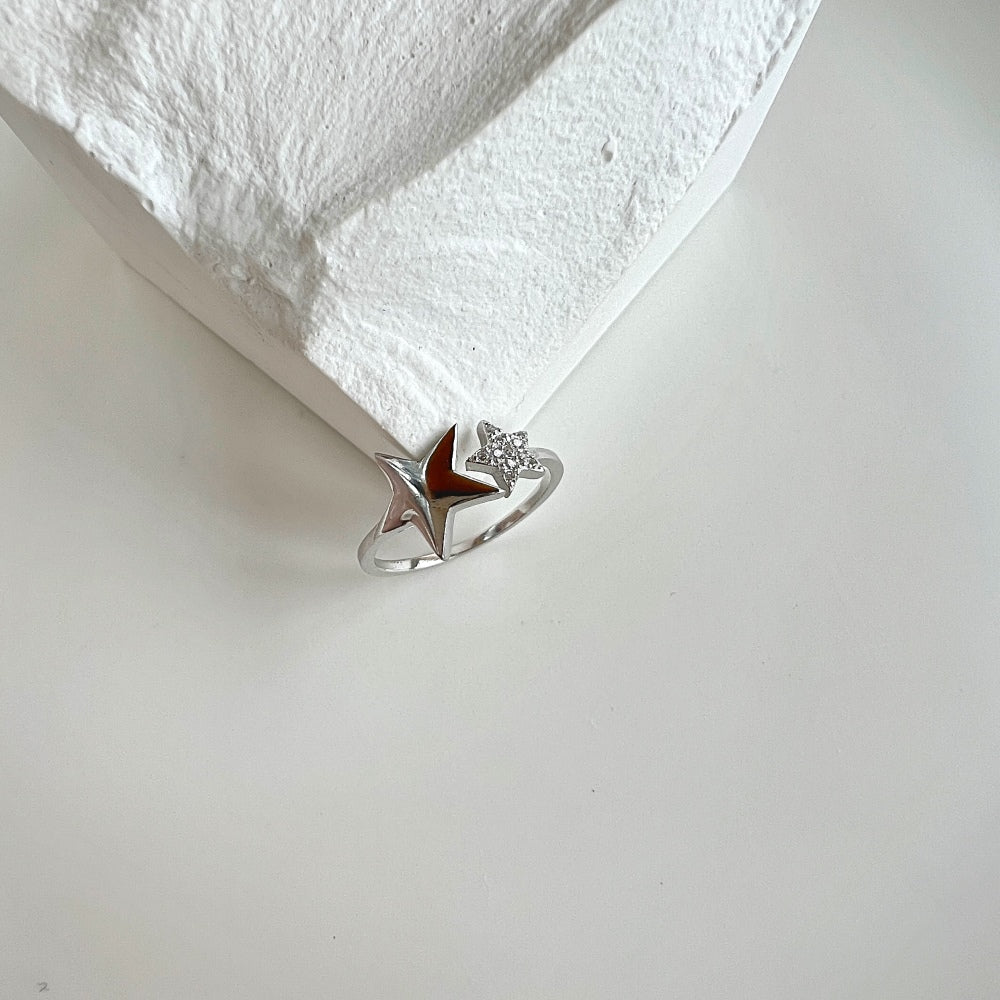 Silver Zircon Round Cut Open Star Bypass Ring