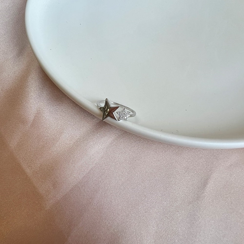 Silver Zircon Round Cut Open Star Bypass Ring