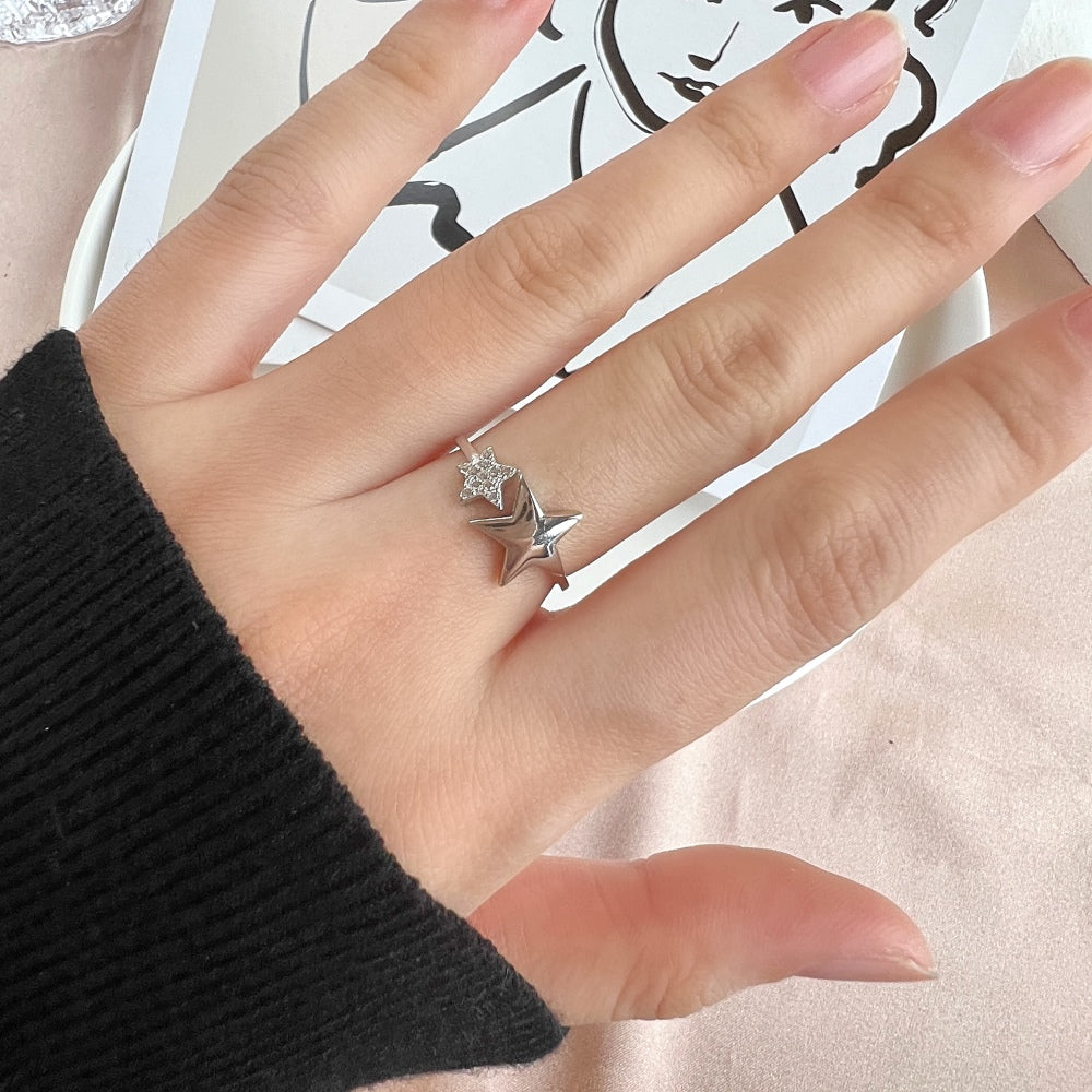 Silver Zircon Round Cut Open Star Bypass Ring
