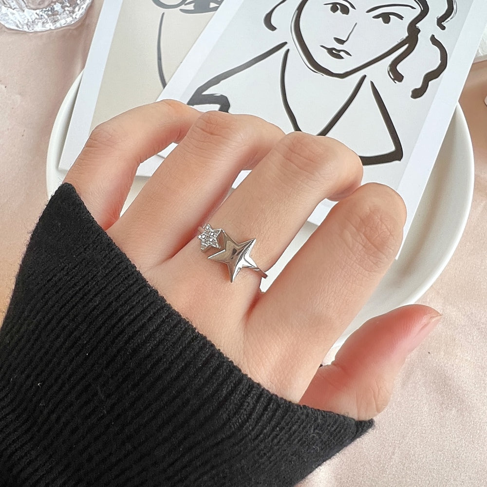 Silver Zircon Round Cut Open Star Bypass Ring
