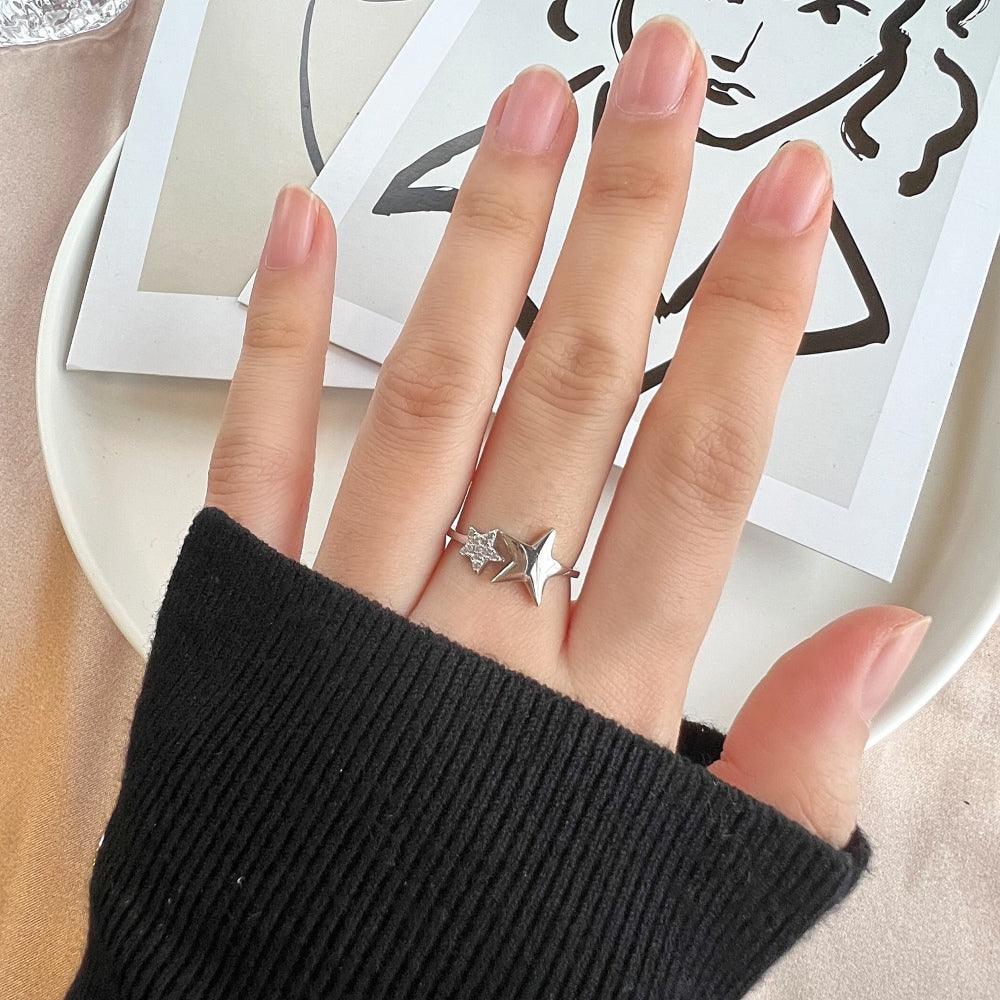 Silver Zircon Round Cut Open Star Bypass Ring