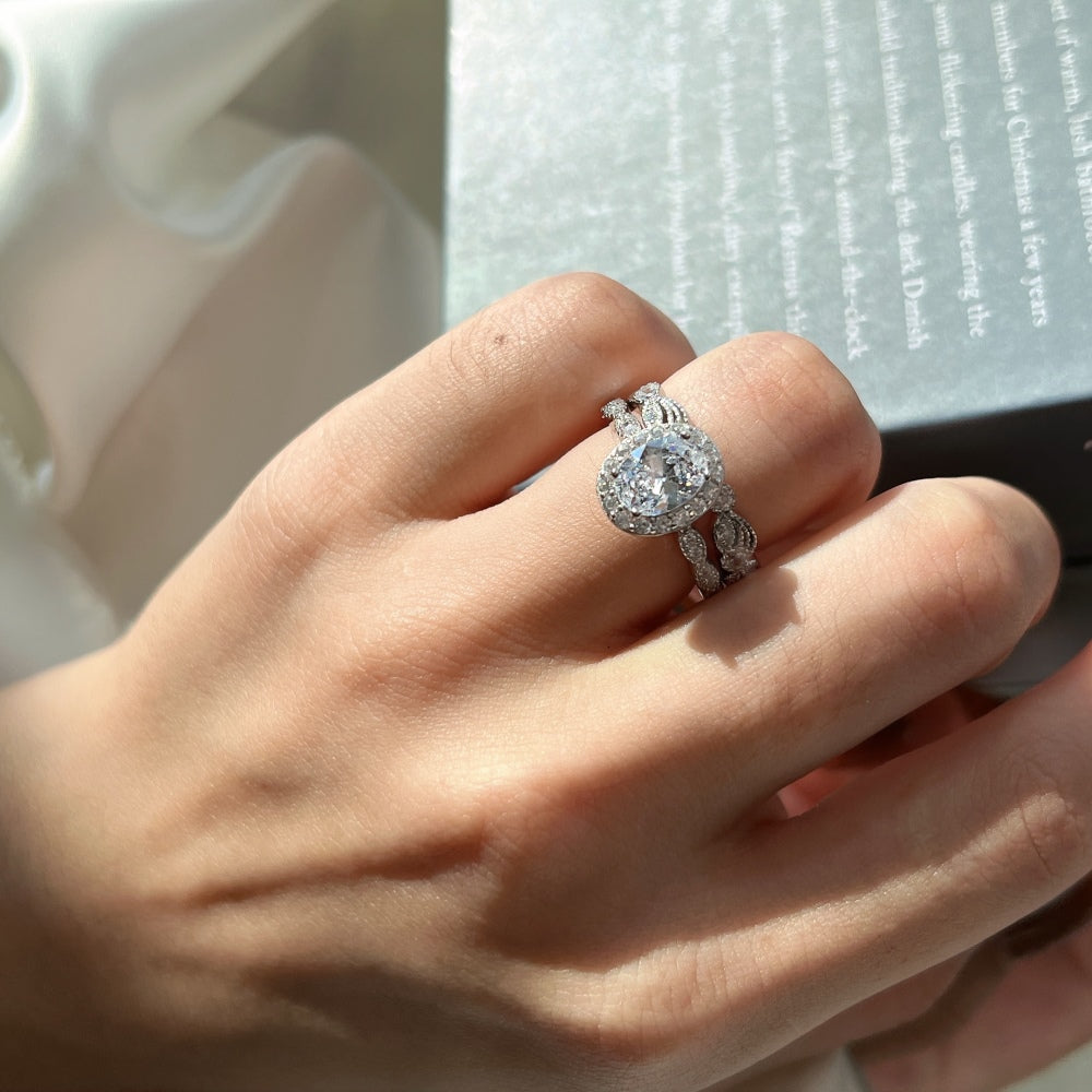 Silver Zircon Oval Cut Duel Halo Ring