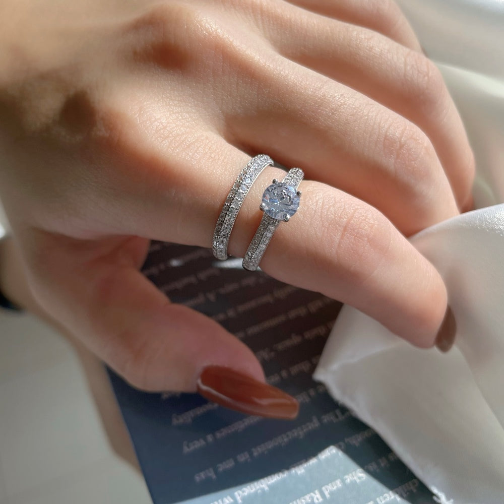 Silver Zircon Round Cut Iced Duel Wedding Ring