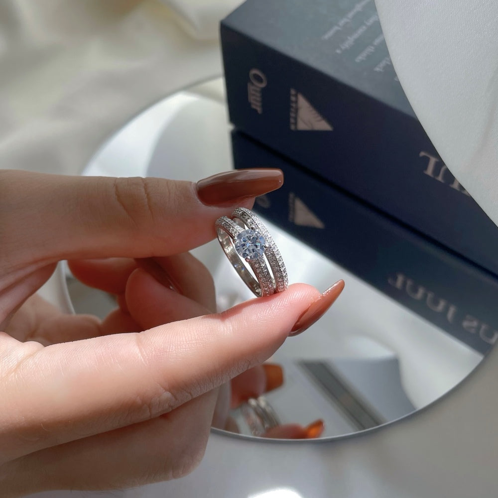 Silver Zircon Round Cut Iced Duel Wedding Ring