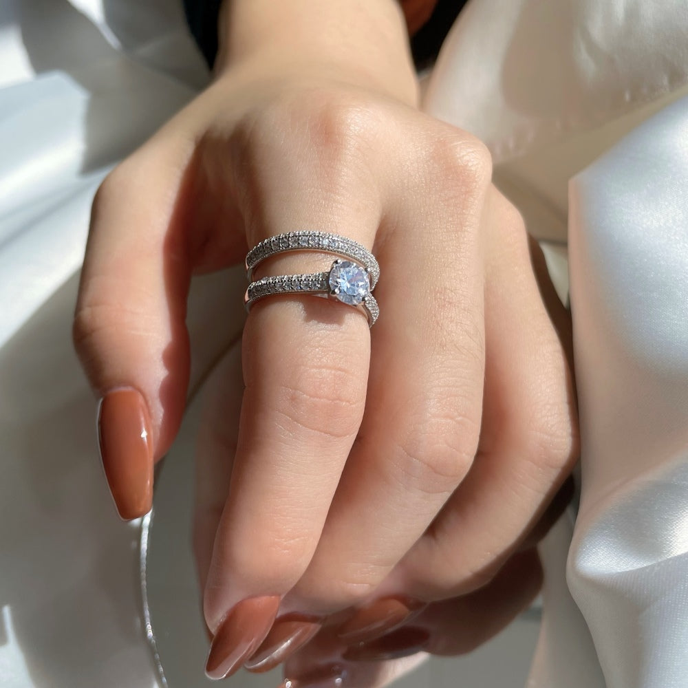 Silver Zircon Round Cut Iced Duel Wedding Ring