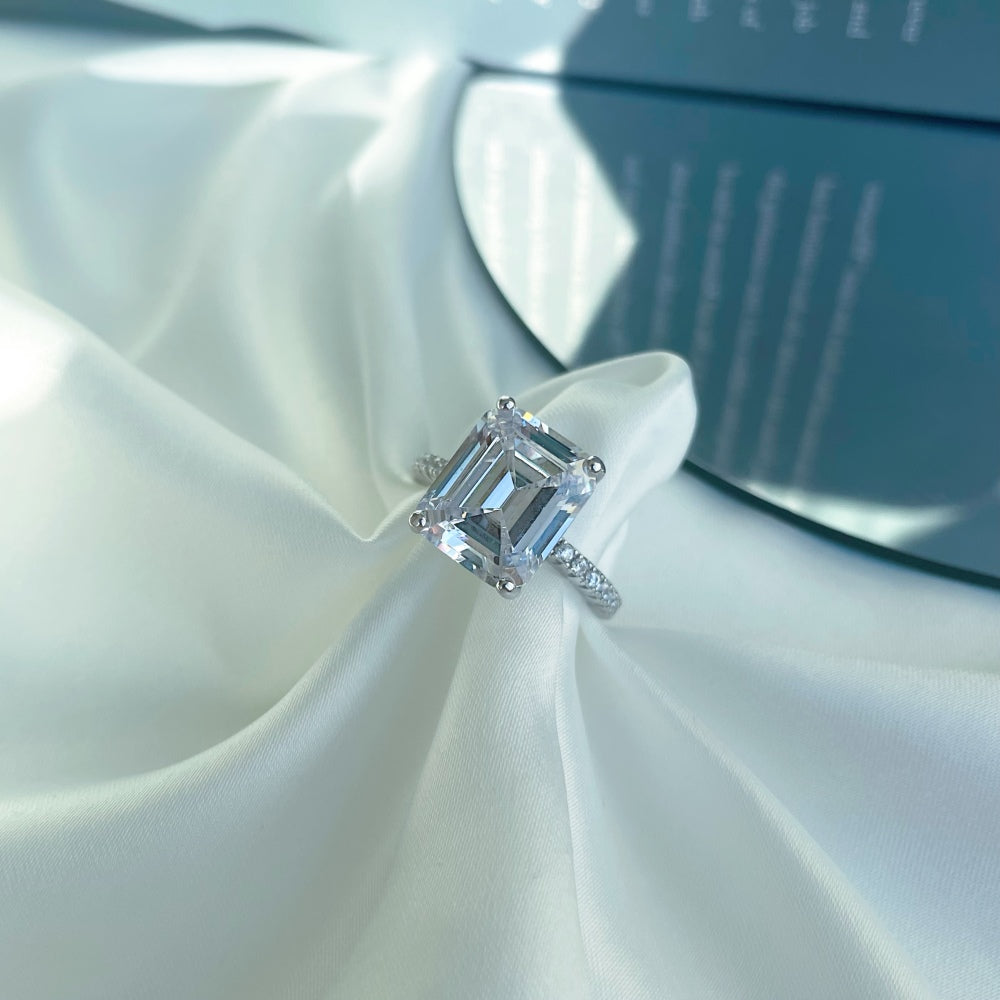 Silver Zircon Emerald Cut Iced Inlaid Solitaire Ring
