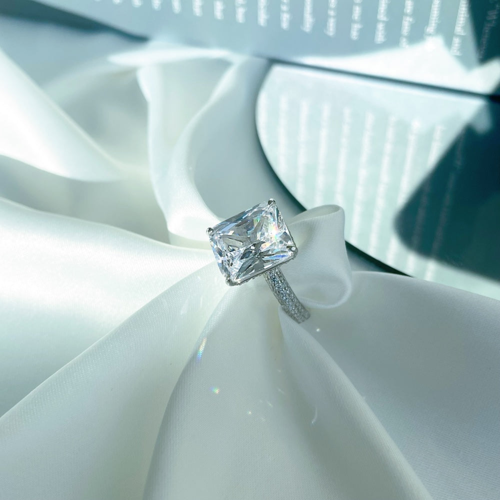 Silver Zircon Radiant Cut Iced Squared Solitaire Ring