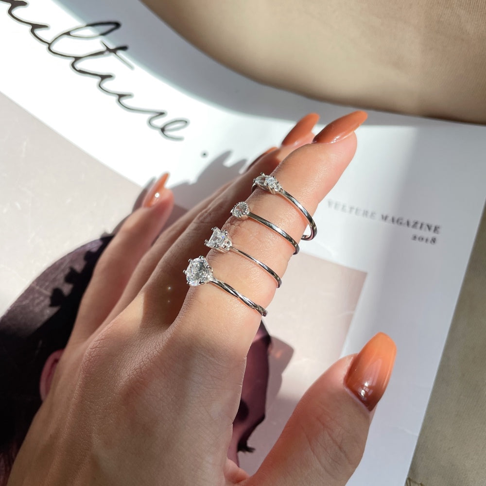 Silver Zircon Cushion Square Cut Simple Solitaire Ring