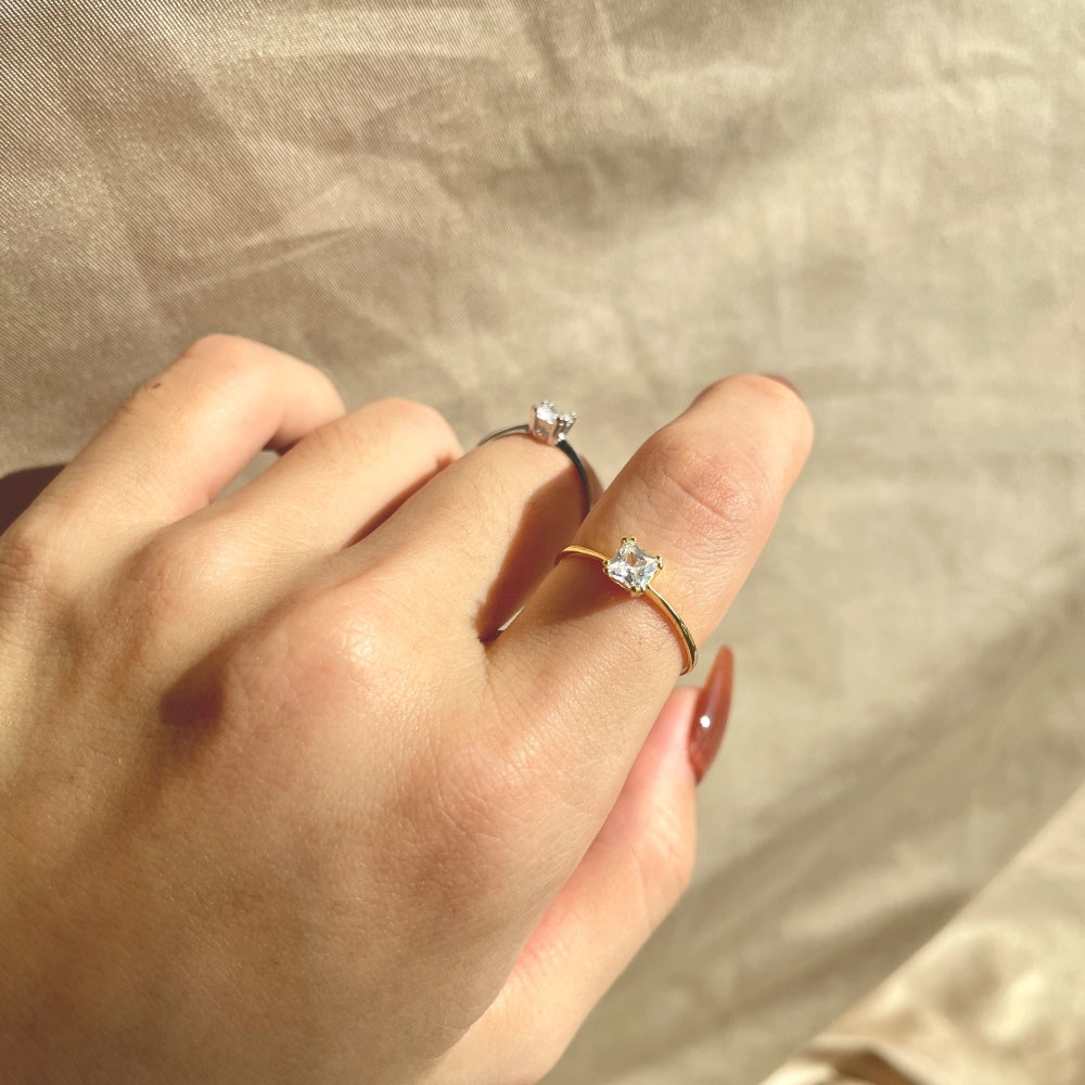 Silver Zircon Cushion Square Cut Simple Solitaire Ring