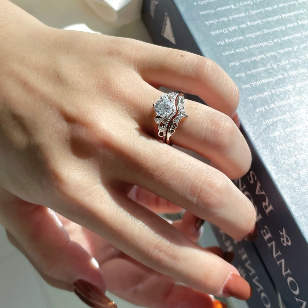Silver Zircon Round Cut Duel Wedding Ring