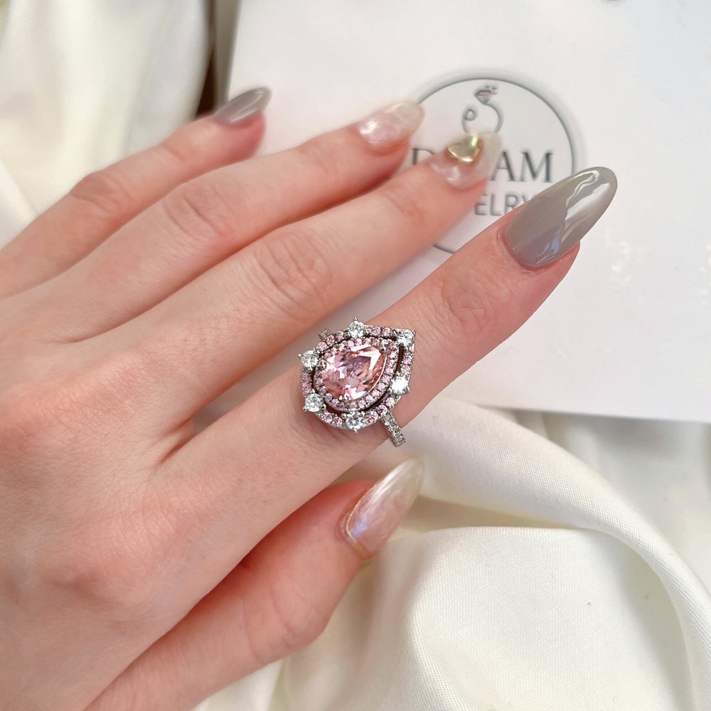 Silver Zircon Pear Cut Water Drop Statement Halo Ring