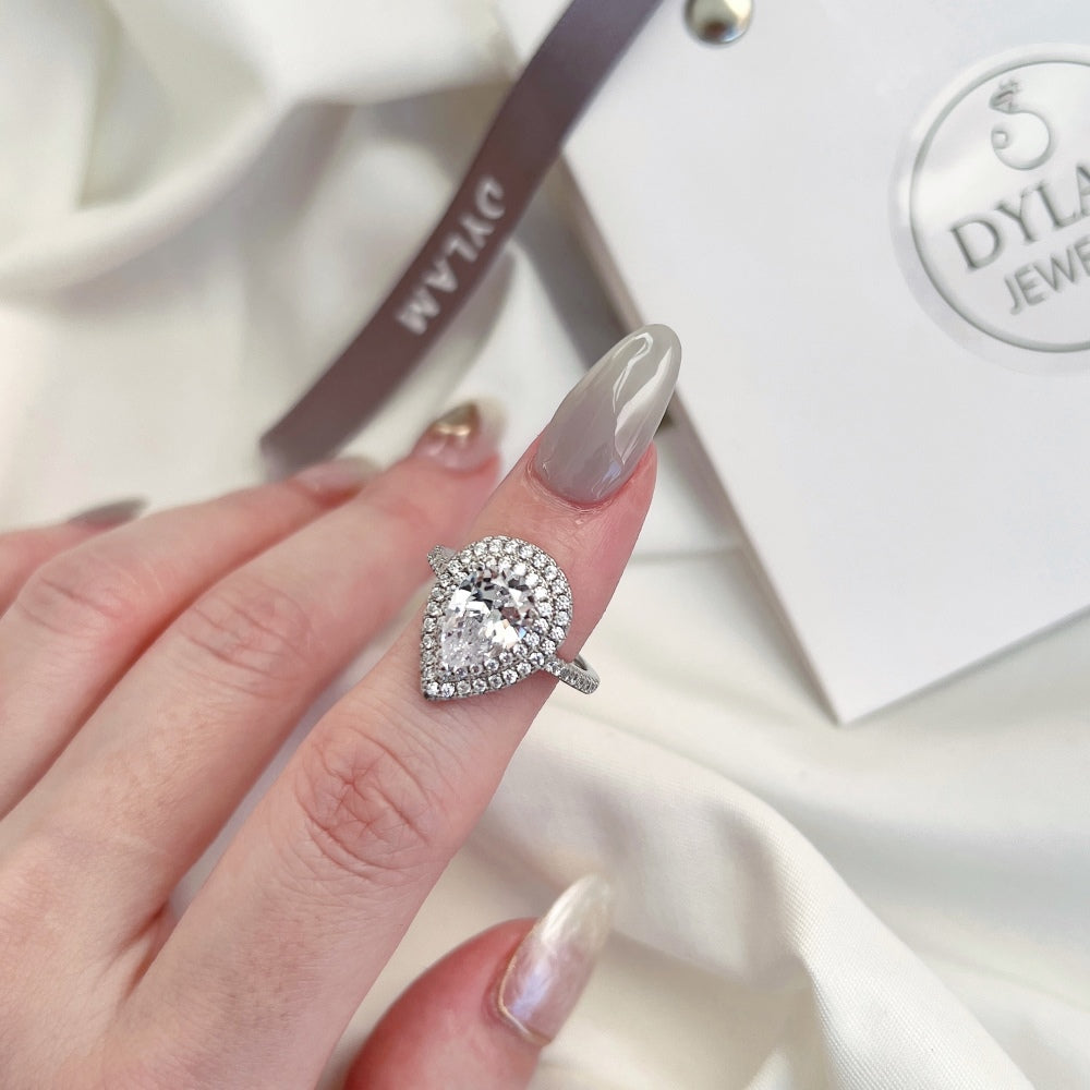 Silver Zircon Pear Cut Iced Tear Halo Ring