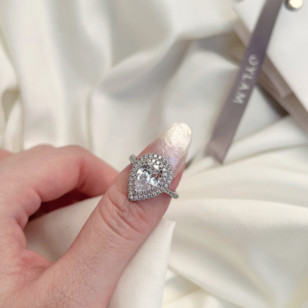 Silver Zircon Pear Cut Iced Tear Halo Ring