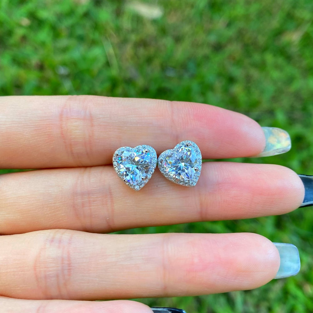 Silver Zircon Heart Cut Big Inlaid Halo Ear Studs