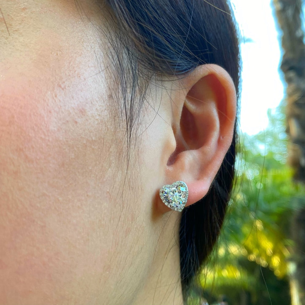 Silver Zircon Heart Cut Big Inlaid Halo Ear Studs