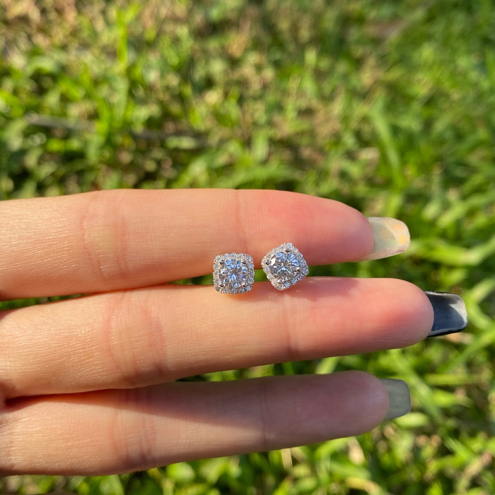 Silver Zircon Round Cut Cushion Ear Studs