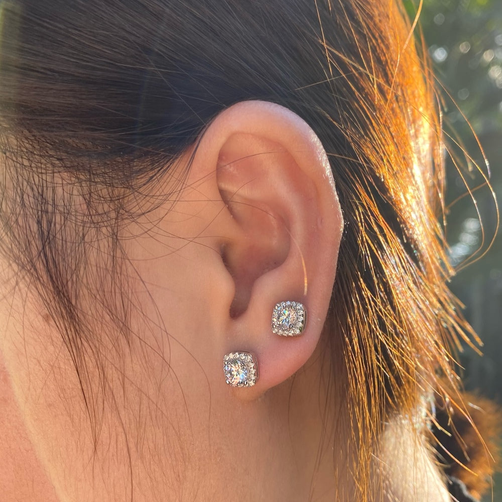 Silver Zircon Round Cut Cushion Ear Studs