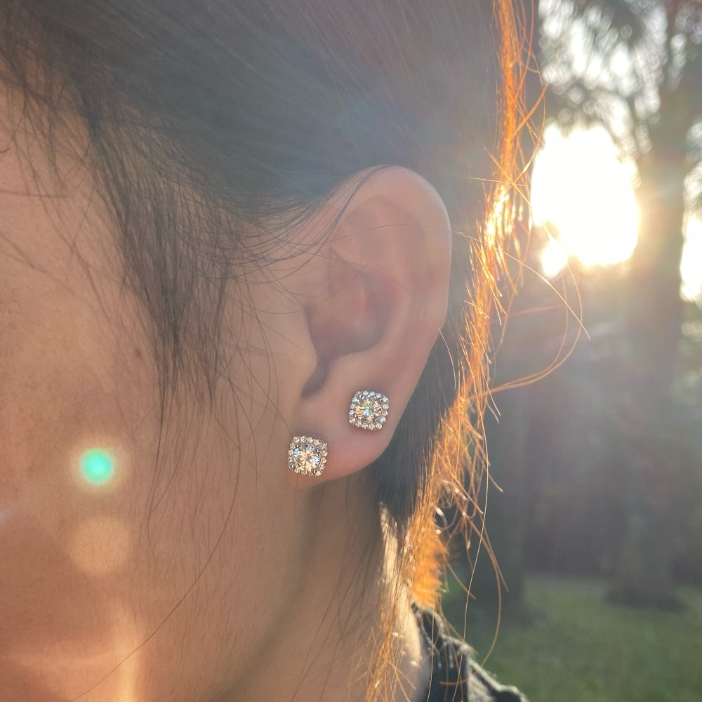 Silver Zircon Round Cut Cushion Ear Studs