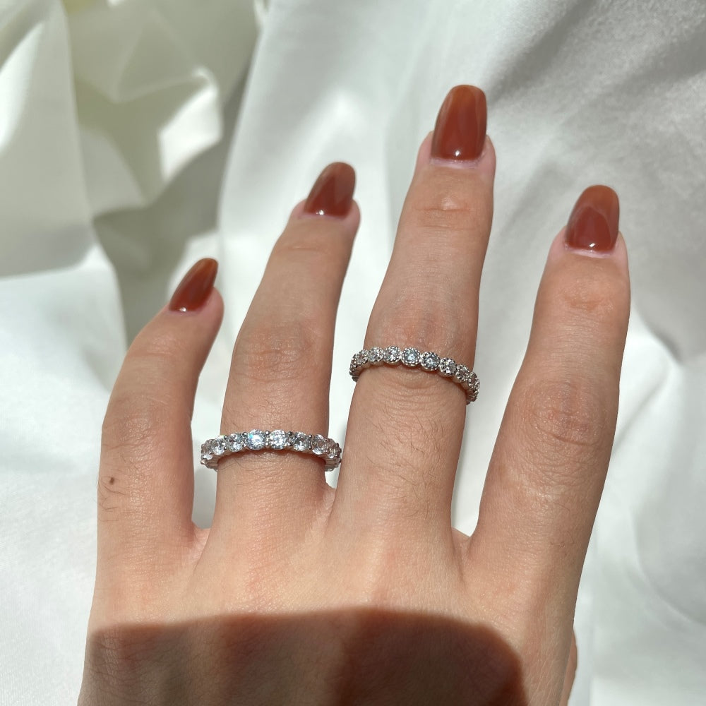 Silver Zircon Round Cut Inlaid Layered Eternity Ring